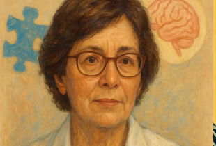 Portrait of Lorna Wing with symbolic elements